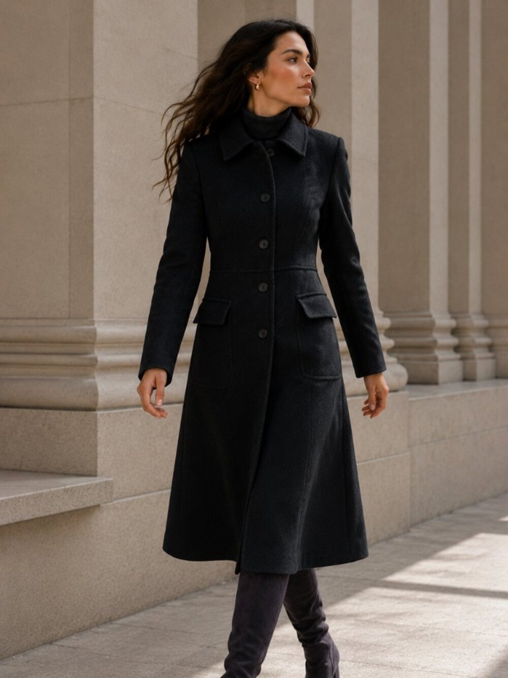 Theory Theory Black Wool Blend Textured Long Coat Women Petite P Double Breasted